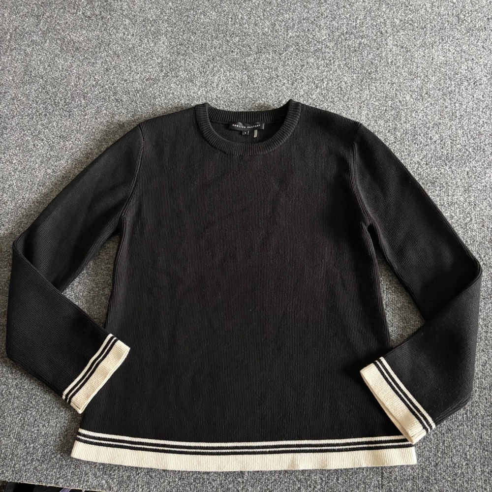English Factory Black Ribbed Knit Sweater White Contrast Stripe Trim Small